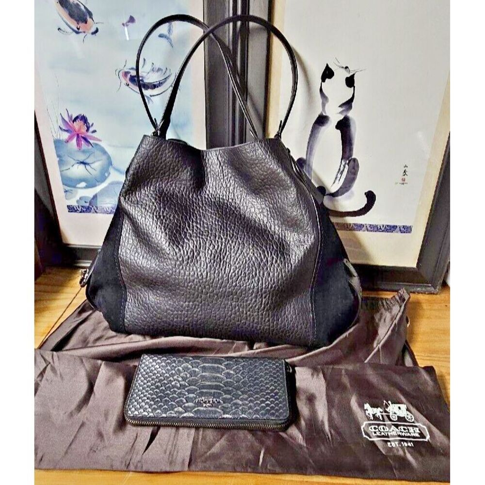 2pcs of Coach Black Edie 42  Leather suede  Shoulder Bag 57647 +‎ matched wallet